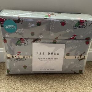 New Rae Dunn Christmas Santa Claus Sleigh Reindeer QUEEN  Sheet Set Grey